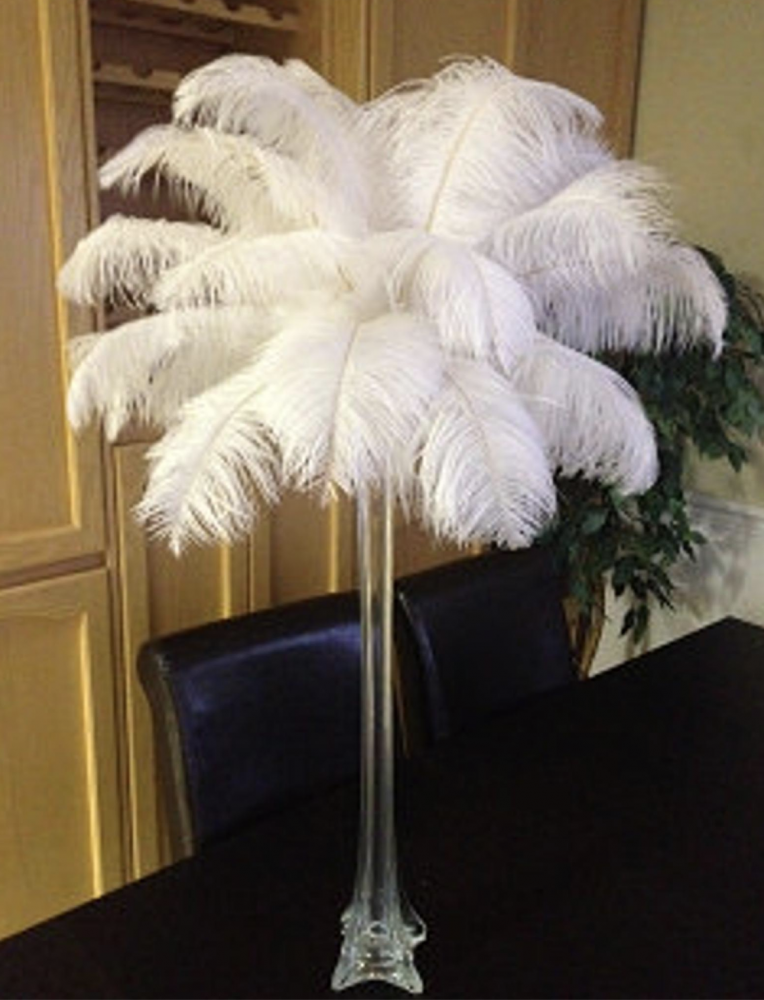 Tall white ostrich feather centrepiece - clear vase - Frank and Joy